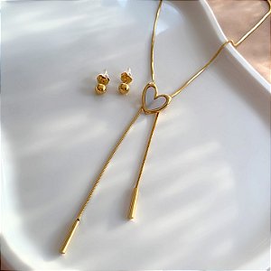 CONJUNTO BRINCO E COLAR GRAVATINHA CORAÇÃO MADREPÉROLA DOURADO AÇO 316L PREMIUM⭐️