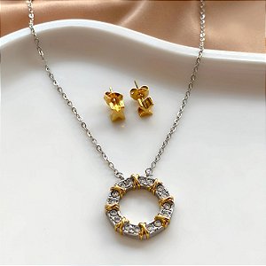 CONJUNTO BRINCO E COLAR CÍRCULO DE PEDRAS X BICOLOR DOURADO AÇO 316L PREMIUM⭐️