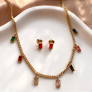 CONJUNTO BRINCO E COLAR ZIRCÔNIAS RENTANGULARES COLOR DOURADO AÇO 316L PREMIUM⭐️