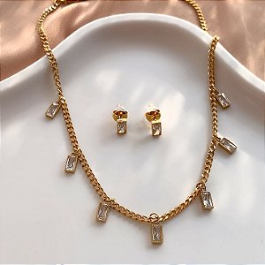 CONJUNTO BRINCO E COLAR ZIRCÔNIAS RENTANGULARES CRISTAL DOURADO AÇO 316L PREMIUM⭐️