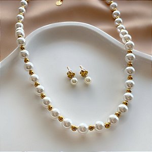 CONJUNTO BRINCO E COLAR PÉROLAS E BOLINHAS DOURADO AÇO 316L PREMIUM⭐️