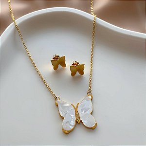CONJUNTO BRINCO E COLAR BORBOLETA MADREPÉROLA DOURADO AÇO 316L PREMIUM⭐️