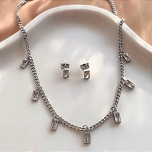 CONJUNTO BRINCO E COLAR ZIRCÔNIAS RENTANGULARES CRISTAL AÇO 316L PREMIUM⭐️