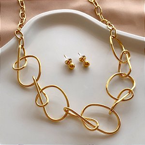 CONJUNTO BRINCO E COLAR FIOS ENROSCADOS DOURADO AÇO 316L PREMIUM⭐️