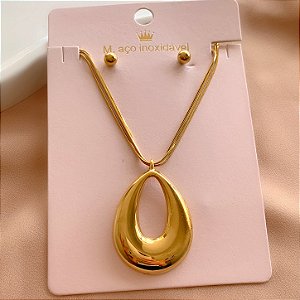 CONJUNTO BRINCO E COLAR PINGENTE GOTA VAZADA DOURADO AÇO 316L PREMIUM⭐️