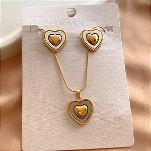 CONJUNTO BRINCO E COLAR CORAÇÃO METAL E MADREPÉROLA DOURADO AÇO 316L PREMIUM⭐️
