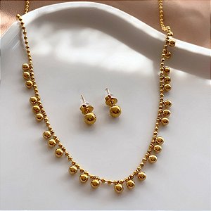 CONJUNTO BRINCO E COLAR BOLINHAS DOURADO AÇO 316L PREMIUM⭐️