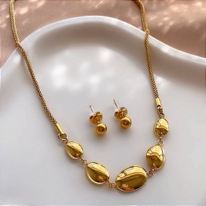 CONJUNTO BRINCO E COLAR CORRENTE MALHA PLACAS ORGÂNICAS DOURADO AÇO 316L PREMIUM⭐️