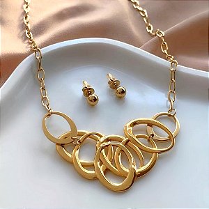 CONJUNTO BRINCO E COLAR ELOS JUNTOS DOURADO AÇO 316L PREMIUM⭐️