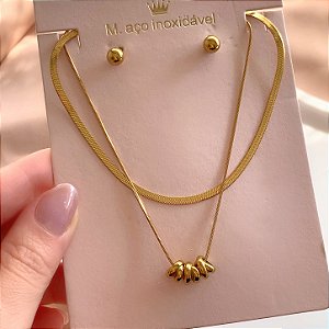 CONJUNTO BRINCO E COLAR DUPLO FITA 3 ARGOLINHAS DOURADO AÇO 316L PREMIUM⭐️