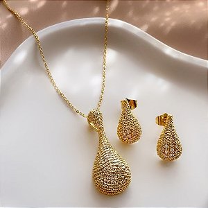 CONJUNTO COLAR E BRINCO CRAVEJADO MINI ZIRCÔNIAS GOTA FOLHEADO ⭐️