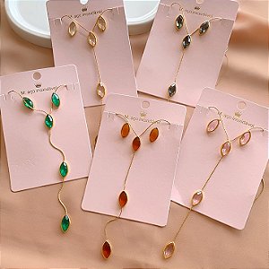 CONJUNTO BRINCO E COLAR DELICADO PEDRAS GOTAS ZIRCÔNIAS DOURADO AÇO 316L PREMIUM⭐️