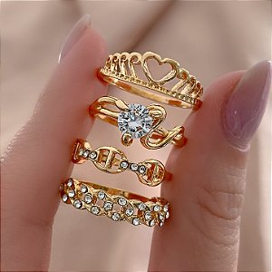 KIT DE ANÉIS COROA CORAÇÃO ZIRCÔNIAS DOURADO BIJU