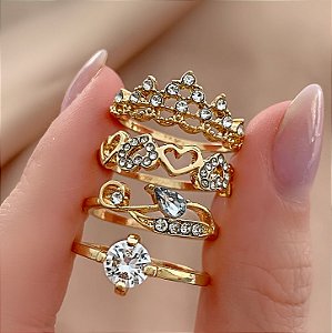 KIT DE ANÉIS COROA E CORAÇÕES ZIRCÔNIAS DOURADO BIJU