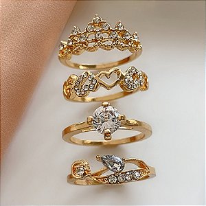 KIT DE ANÉIS COROA E CORAÇÕES ZIRCÔNIAS DOURADO BIJU