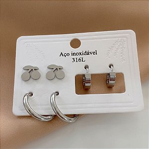 KIT DE BRINCOS CEREJA E ARGOLAS PRATEADO AÇO 316L⭐️