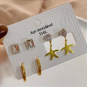 KIT DE BRINCOS ESTRELA DO MAR ZIRCÔNIA E ARGOLAS DOURADO AÇO 316L⭐️
