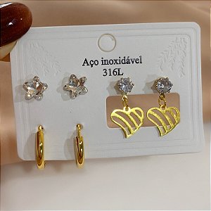 KIT DE BRINCOS ESTRELA ZIRCÔNIA, CORAÇÃO VAZADO E ARGOLAS DOURADO AÇO 316L⭐️