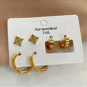 KIT DE BRINCOS TREVO VAZADO E ARGOLAS DOURADO AÇO 316L⭐️