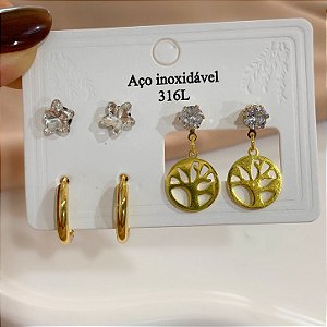 KIT DE BRINCOS ÁRVORE DA VIDA, ESTRELA ZIRCÔNIA E ARGOLAS PRATEADO AÇO 316L⭐️
