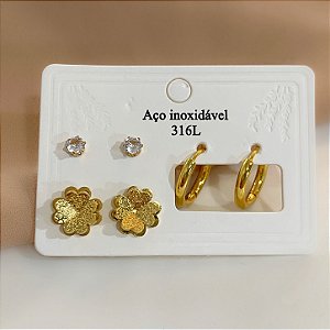 KIT DE BRINCOS FLOR ZIRCÔNIA ARGOLAS DOURADO AÇO 316L⭐️