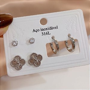 KIT DE BRINCOS TREVO, PONTO DE LUZ E ARGOLA AÇO 316L⭐️