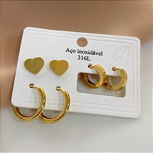 KIT DE BRINCOS CORAÇÃO LISO E ARGOLAS DOURADO AÇO 316L⭐️
