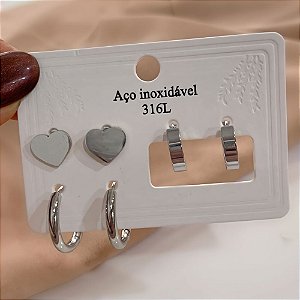 KIT DE BRINCOS CORAÇÃO LISO E ARGOLAS AÇO 316L⭐️