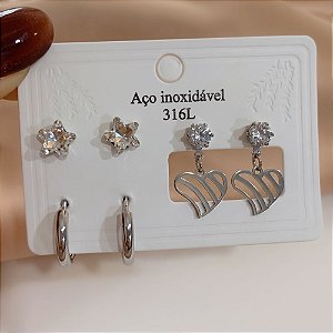 KIT DE BRINCOS ESTRELA ZIRCÔNIA, CORAÇÃO VAZADO E ARGOLAS AÇO 316L⭐️