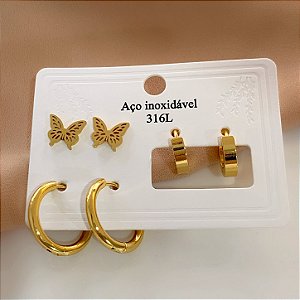 KIT DE BRINCOS BORBOLETA DETALHADA E ARGOLAS DOURADO AÇO 316L⭐️