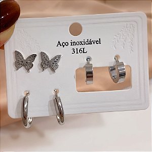 KIT DE BRINCOS BORBOLETA DETALHADA E ARGOLAS AÇO 316L⭐️