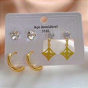 KIT DE BRINCOS TREVO PENDENTE, FLOR ZIRCÔNIA E ARGOLA DOURADO AÇO 316L⭐️