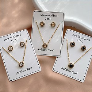 CONJUNTO BRINCO E COLAR PINGENTE REDONDO ZIRCÔNIA COLOR DOURADO AÇO 316L⭐️(GRUPO1)