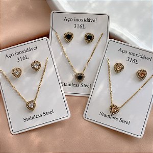 CONJUNTO BRINCO E COLAR PINGENTE CORAÇÃO ZIRCÔNIA COLOR DOURADO AÇO 316L⭐️(GRUPO 1)