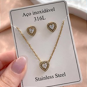 CONJUNTO BRINCO E COLAR PINGENTE CORAÇÃO ZIRCÔNIA COLOR DOURADO AÇO 316L⭐️(GRUPO 1)