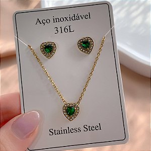 CONJUNTO BRINCO E COLAR PINGENTE CORAÇÃO ZIRCÔNIA COLOR DOURADO AÇO 316L⭐️(GRUPO 2)