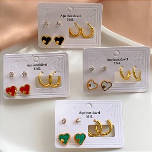 KIT DE BRINCOS CORAÇÃO MADREPÉROLA COLOR DOURADO AÇO 316L⭐️
