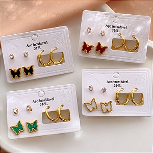 KIT DE BRINCOS BORBOLETA ESMALTADA COLOR DOURADO AÇO 316L⭐️