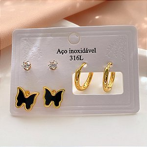 KIT DE BRINCOS BORBOLETA ESMALTADA COLOR DOURADO AÇO 316L⭐️
