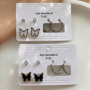 KIT DE BRINCOS BORBOLETA ESMALTADA COLOR AÇO 316L⭐️