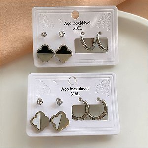 KIT DE BRINCOS TREVO ESMALTADO COLOR AÇO 316L⭐️