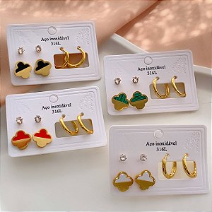 KIT DE BRINCOS TREVO ESMALTADO COLOR DOURADO AÇO 316L⭐️