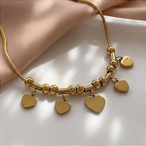 PULSEIRA PINGENTES CORAÇÕES LISOS E BOLINHAS DOURADO AÇO 316L⭐️