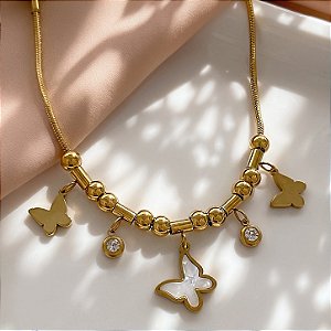 PULSEIRA PINGENTES BORBOLETAS LISAS E MADREPÉROLA DOURADO AÇO 316L⭐️