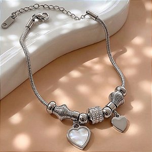 PULSEIRA PINGENTES CORAÇÃO MADREPÉROLA E ZIRCÔNIAS AÇO 316L⭐️