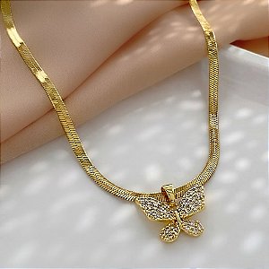 COLAR FITA PINGENTE BORBOLETA COM ZIRCÔNIAS DOURADO AÇO 316L⭐️