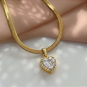 COLAR FITA PINGENTE CORAÇÃO COM ZIRCÔNIAS DOURADO AÇO 316L⭐️