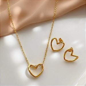CONJUNTO BRINCO E COLAR CORAÇÃO FIO DOURADO AÇO 316L⭐️