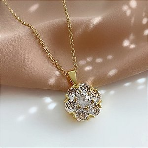 COLAR PINGENTE FLOR PEDRA ZIRCÔNIA DOURADO AÇO 316L⭐️