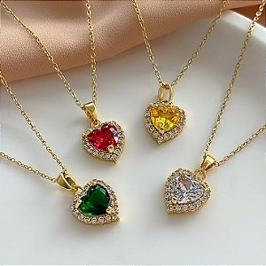 COLAR PINGENTE CORAÇÃO PEDRA ZIRCÔNIA COLOR DOURADO AÇO 316L⭐️